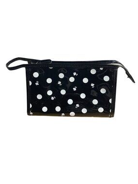 Lancome Black Rose & Polka Dot Wristlet Small Makeup Bag Glossy Cosmetic Storage